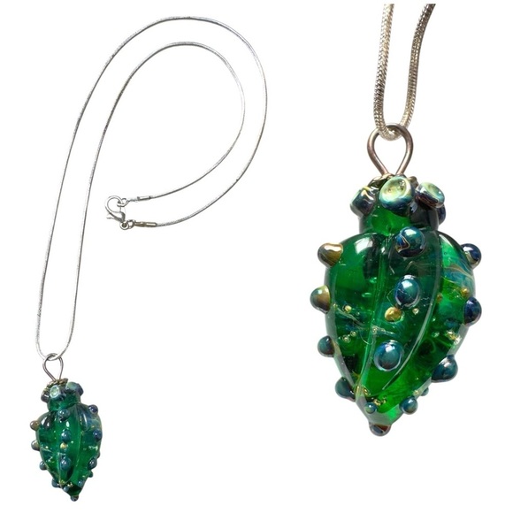 Hand Blown Glass Pendant Necklace Green Multi Teardrop Applied Dots Artsy - Picture 6 of 6